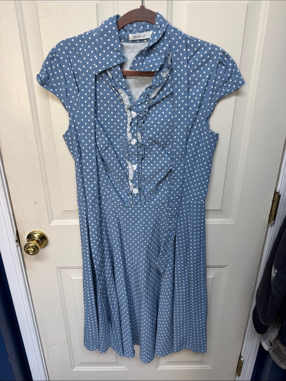 Vintage-Inspired Blue Polka Dot Midi Dress with Ruffle Placket
